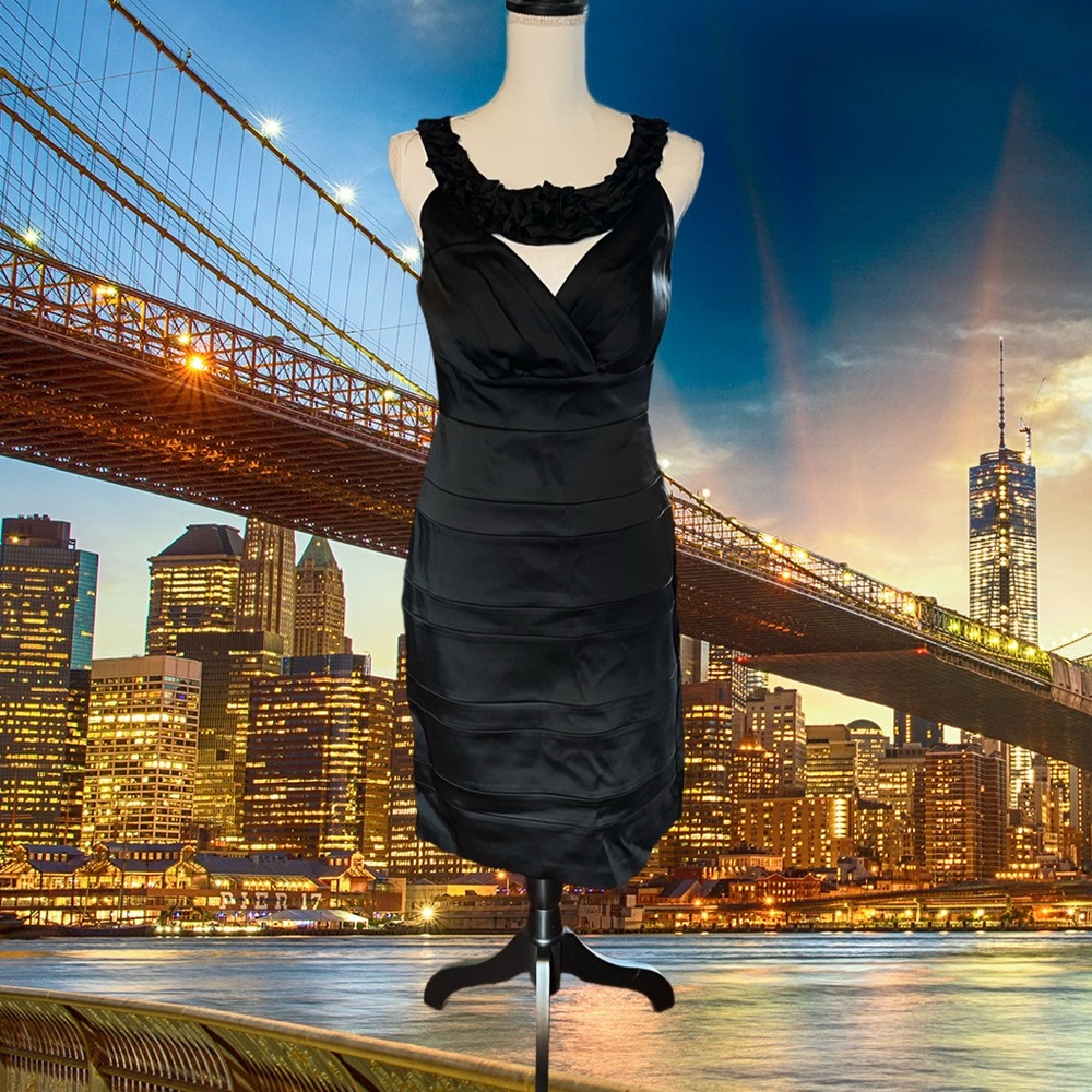 Women’s “Jax” black satin dress with gorgeous detail. Small slit in back.